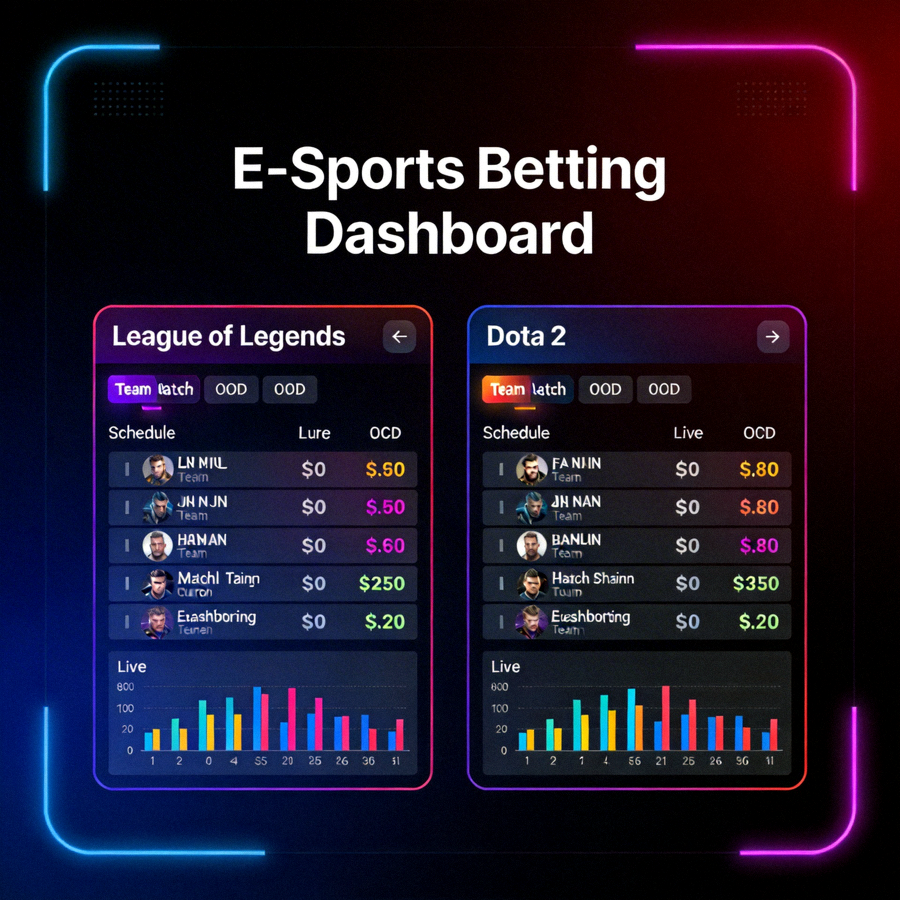 Dashboard taruhan E-Sports menunjukkan kompetisi League of Legends dan Dota 2