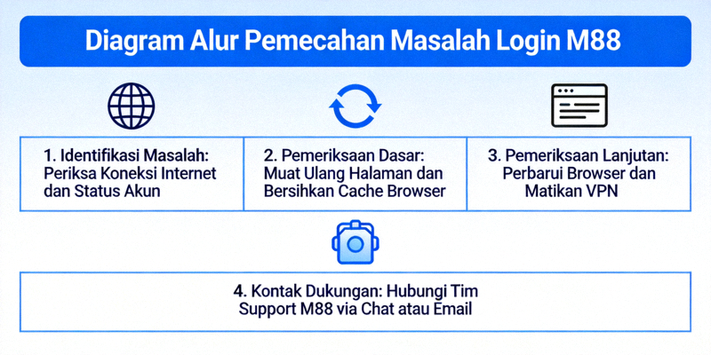 Diagram alur pemecahan masalah login M88 yang menunjukkan langkah-langkah identifikasi dan perbaikan masalah akses