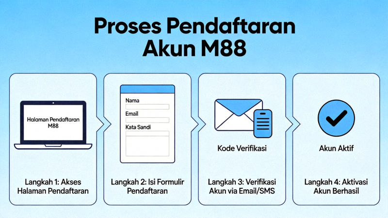 Diagram alur proses pendaftaran akun M88 mulai dari akses halaman, isi formulir, verifikasi, hingga aktivasi akun