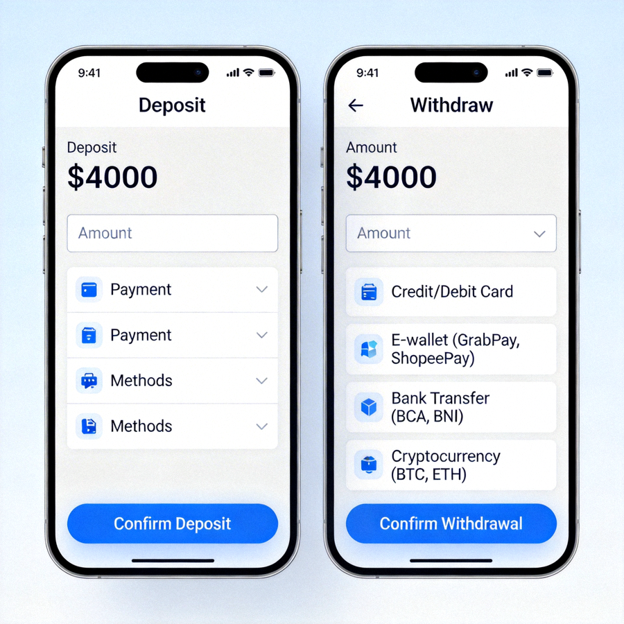 Halaman deposit dan withdraw di aplikasi M88 mobile dengan metode pembayaran lengkap