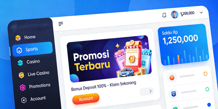 Ilustrasi dashboard M88 setelah login berhasil yang menampilkan menu navigasi, saldo, dan promosi