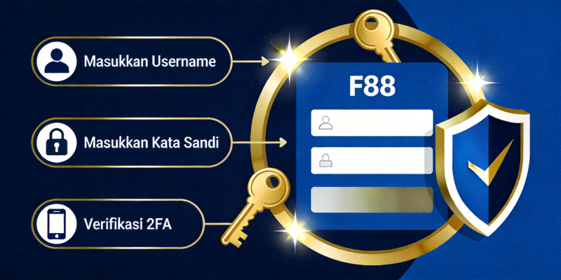 Ilustrasi grafis tentang proses login yang aman ke platform M88 dengan simbol kunci dan perisai