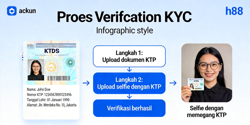 Ilustrasi proses verifikasi Know Your Customer (KYC) untuk akun M88 dengan contoh dokumen KTP dan selfie