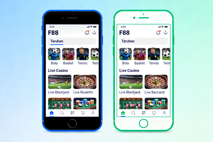 Screenshot interface aplikasi M88 mobile untuk Android dan iOS menunjukkan menu taruhan dan live casino