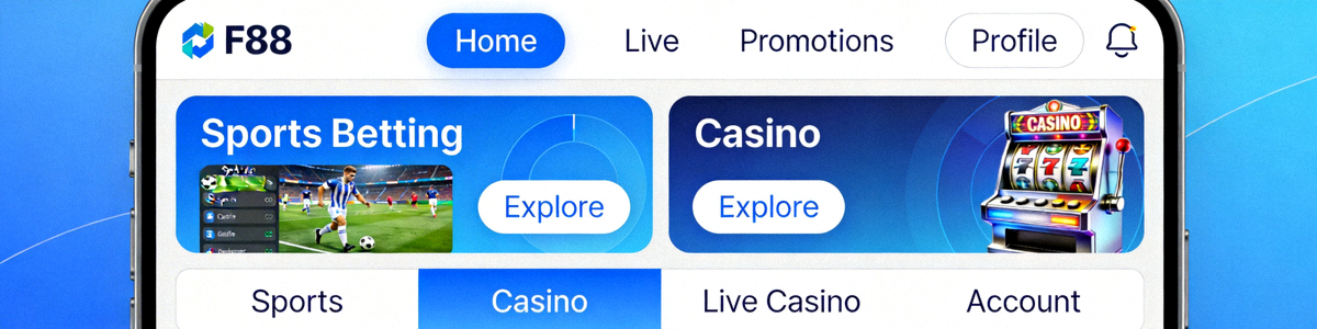 Tampilan dashboard M88 mobile yang dioptimalkan untuk smartphone dengan menu taruhan sports dan casino